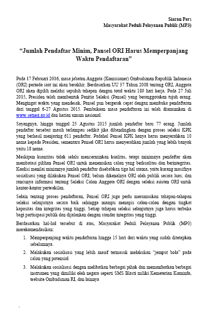 MP3-Pansel ORI Harus Memperpanjang Waktu Pendaftaran
