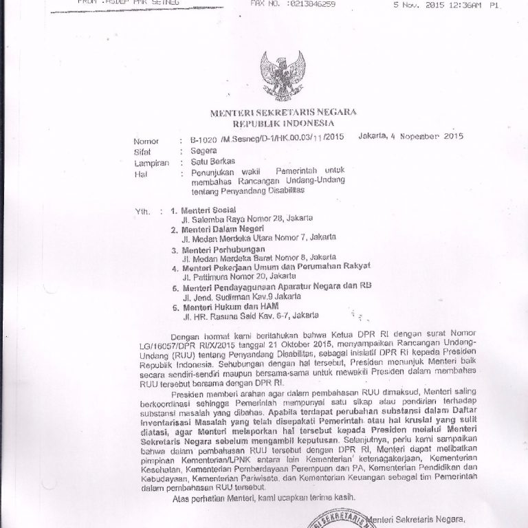 Surat Mensesneg utk P’bhsn RUU Penyandang Disabilitas 04Nov15