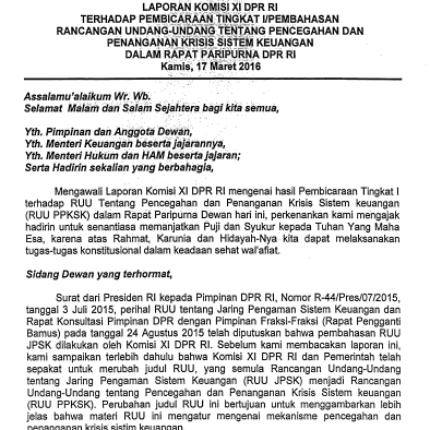 Lap Komisi  XI RUU Pencegahan penanganan Krisi sistem keuangan